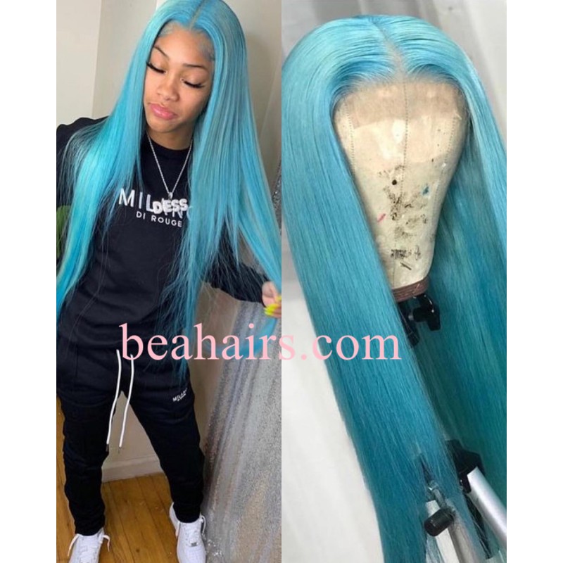 human hair blue lace front wig