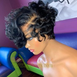 Brazilian virgin hand tied full lace pixie cut curly bob wig---BH457