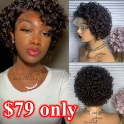 100% human hair lace frontal pixie cut curly bob wig--MM460