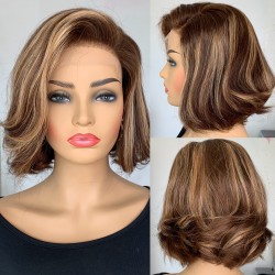 Brown color with Highlights Messy Wave Classic Style Side Parting Human Hair 5x5 HD Lace Wig--BH17