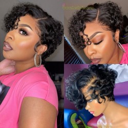 Brazilian virgin hand tied full lace pixie cut curly bob wig---BH457